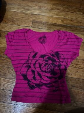 Stranded Fuchsia Striped V‑Neck Tee with Black Rose Graphic